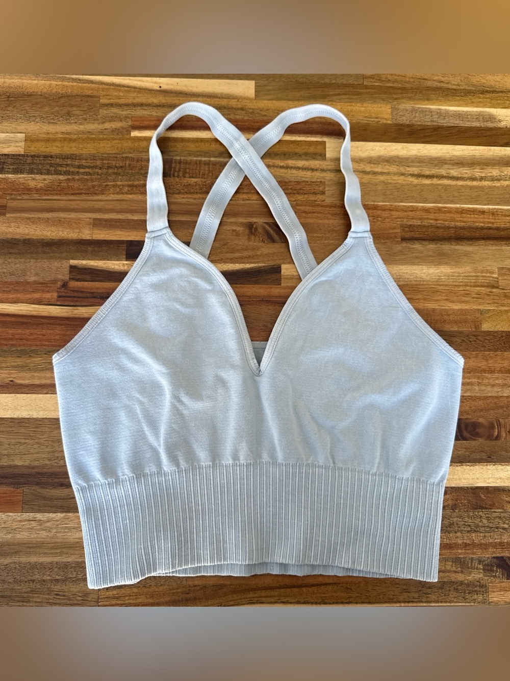 FREE PEOPLE Good Karma Crop Top Tank Bra Ribbed V Neck BLUE Activewear Yoga L